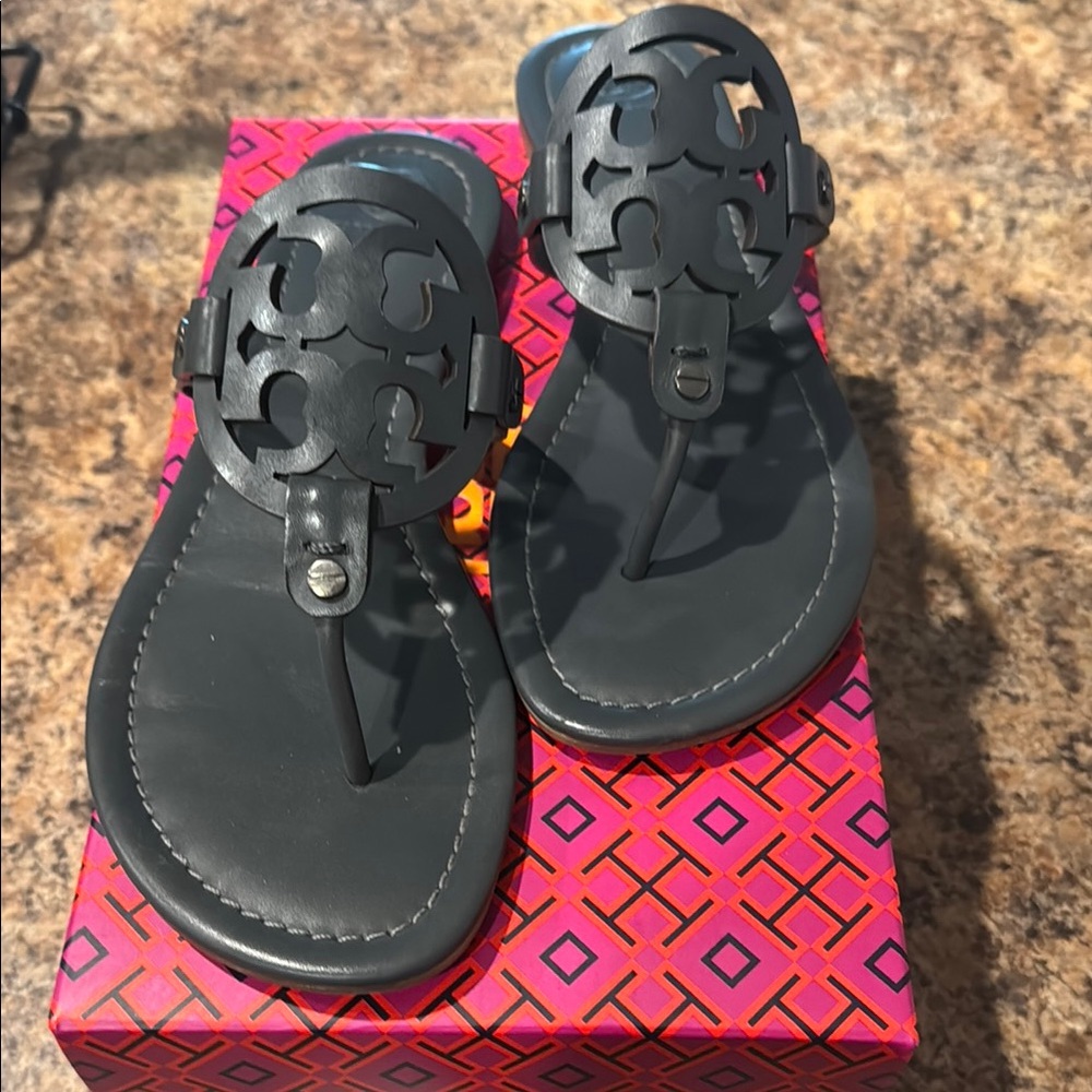 Tory Burch Dark Grey T-Strap Sandals with Metallic Accents